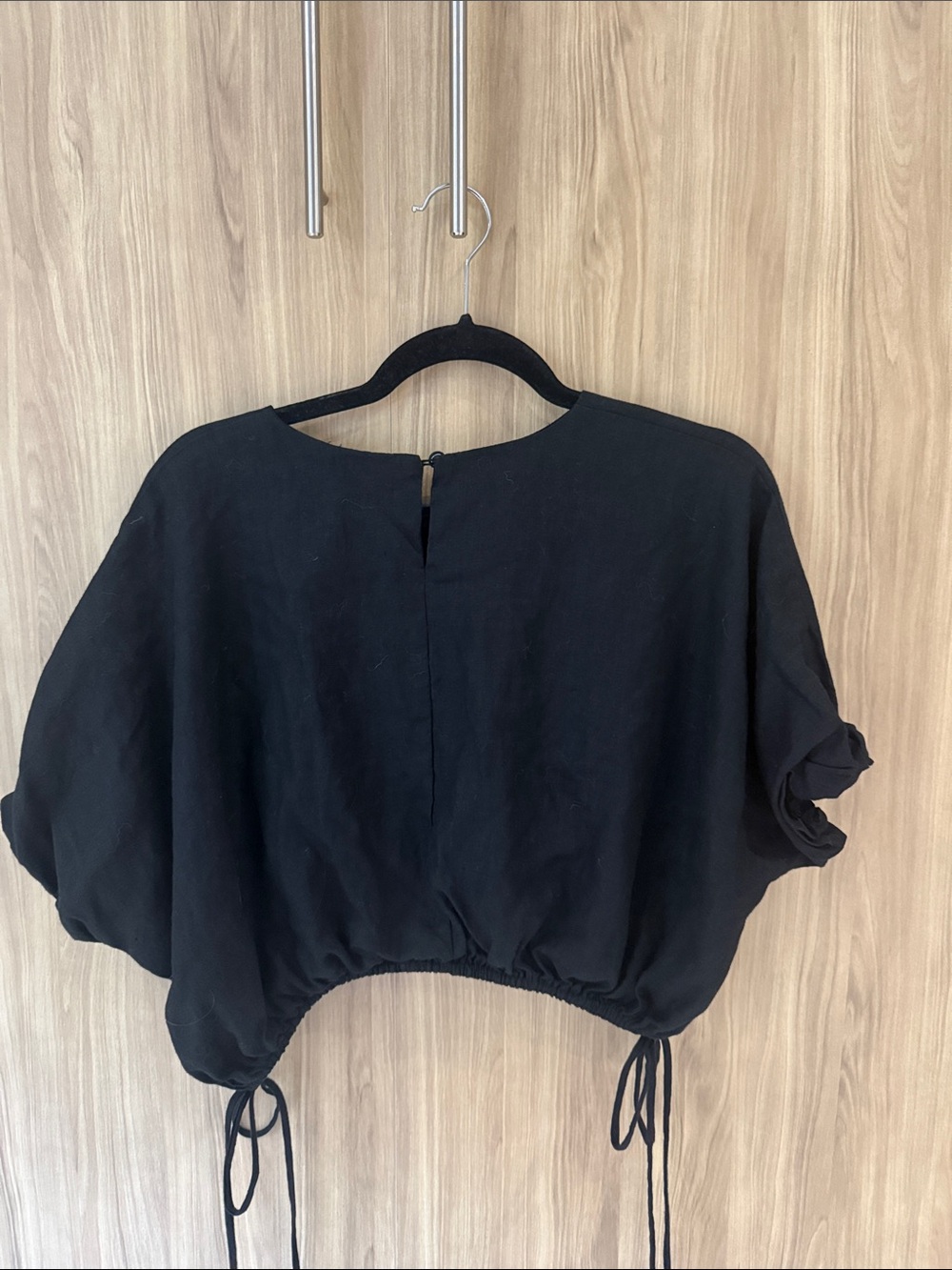 DISSH Black Drawstring Cropped Blouse-Linen - Picture 3 of 9